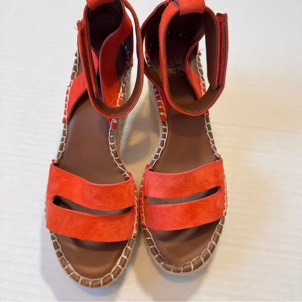 Franco Sarto Orange Leather Espadrille Wedge Sandals Womens 8.5 Platform Beachy